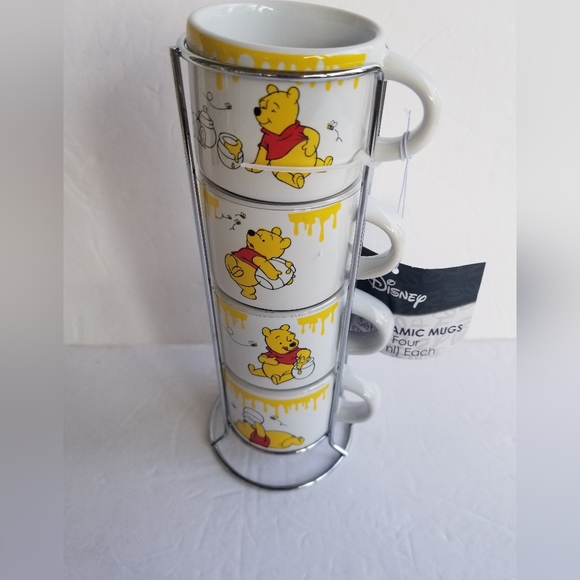 Set Of 4 Disney Winnie The Pooh 3oz Stacking Espresso Cups With Metal Rack - Picture 5 of 5
